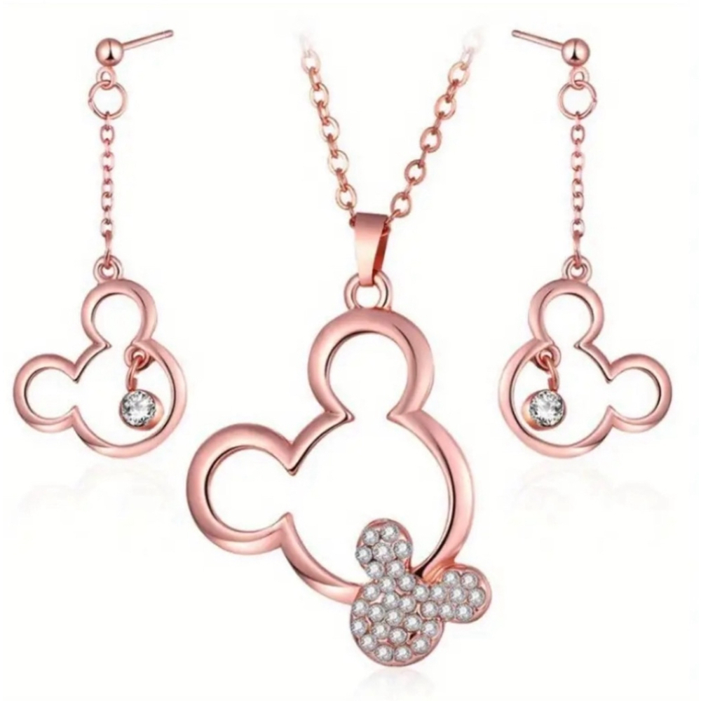 Disney Inspired Rose Gold Mouse with Rhinestones Pendant Necklace and Earrings